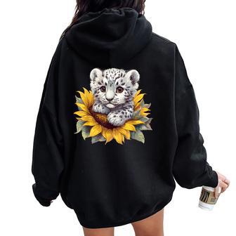 Cute Snow Leopard Cub In Sunflower Bloom Women Oversized Hoodie Back Print - Thegiftio UK