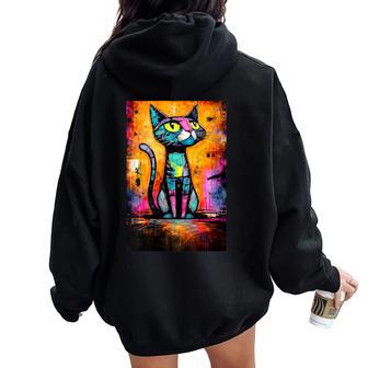 Diseño Gráfico Colorido Abstracto Del Arte Del Gato Cuello Women Oversized Hoodie Back Print - Regaloses