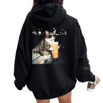 Cat Drinking Iced Coffee Women Oversized Hoodie Back Print - Thegiftio UK