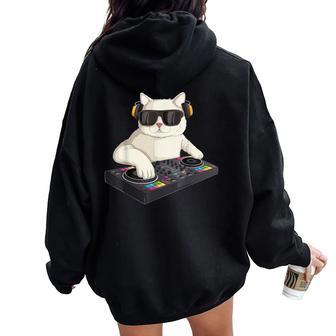 Dj Cat Techno Music Festival Lover Musician Women レディース オーバーサイズ パーカー バックプリント - Kawaiitshirt