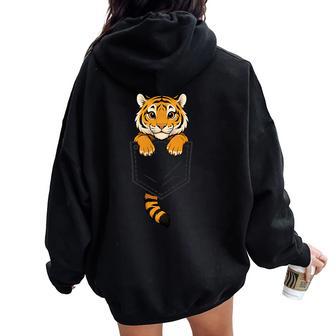 Tiger Peeking In Pocket Animal Lover Kids Women Oversized Hoodie Back Print - Thegiftio UK