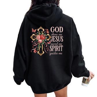 God Chose Me Jesus Saved Me Pretty Rose Cross Christian Women Oversized Hoodie Back Print - Thegiftio