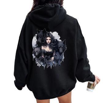 Gótica Gótica Con Dibujo De Acuarela De Lobos Manga Larga Women Oversized Hoodie Back Print - Regaloses
