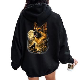 Graphique Berger Allemand Hurlant Loup Lune Nature Sweat à capuche oversize pour femme avec imprimé dans le dos - Cadeauxyz