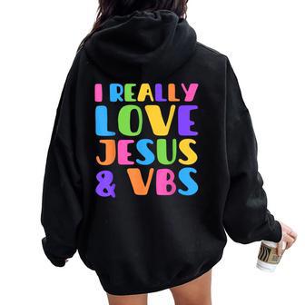 Groovy I Really Love Jesus & Vbs Vacation Bible School Crew Women Oversized Hoodie Back Print - Thegiftio UK