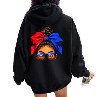 Haitian Queen Messy Bun Flag Day Haiti Independence Women Women Oversized Hoodie Back Print - Thegiftio