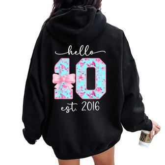 Hello Ten Est 2016 10Th Birthday Bow Pink Girl Turning 10 Women Oversized Hoodie Back Print - Thegiftio