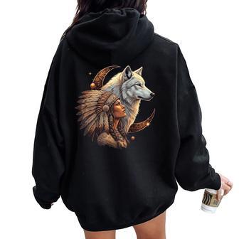 Indian Native American Woman With White Wolf Vintage Women Oversized Hoodie Back Print - Thegiftio UK