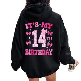 It's My 14Th Birthday Girl Pink Coquette Bow 14 Year Old Fun Women Oversized Hoodie Back Print - Thegiftio
