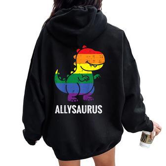 Kids Gay Rainbow Dino Allysaurus Lgbt Pride Ally Toddler Boy Kids Women Oversized Hoodie Back Print - Thegiftio UK