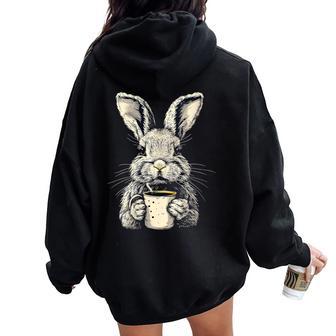 Lapin Grincheux Lapin Drôle Mignon Animal Pâques Café Sweat à capuche oversize pour femme avec imprimé dans le dos - Cadeauxyz