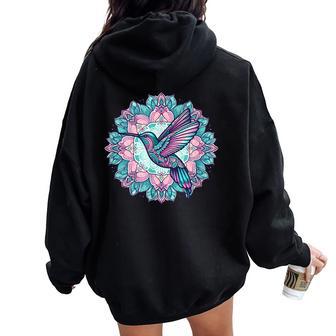 Mandala De Colibrí Azul Pastel Y Rosa Women Oversized Hoodie Back Print - Regaloses