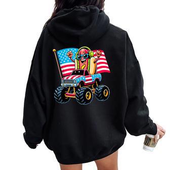 Monster Truck Hotdog American Flag Usa 4Th Of July Kids Men Women Oversized Hoodie Back Print - Thegiftio UK