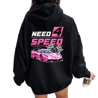 Need Four Speed Birthday Girl 4 Year Old Car Racing 4Th Bday Women Oversized Hoodie Back Print - Thegiftio UK
