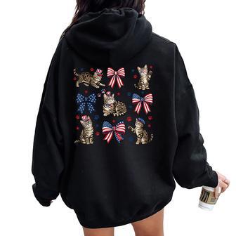 Patriotic Cat 4Th Of July Bow American Flag Girls Women Women Oversized Hoodie Back Print - Thegiftio UK