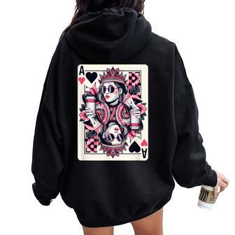 Queen Of Hearts Amateur De Café Jeu De Poker Queen Card Sweat à capuche oversize pour femme avec imprimé dans le dos - Cadeauxyz