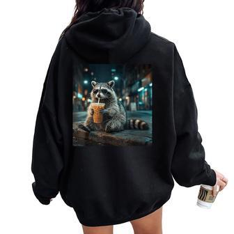 Raccoon Drinking Iced Coffee Animal Meme Women Oversized Hoodie Back Print - Thegiftio UK