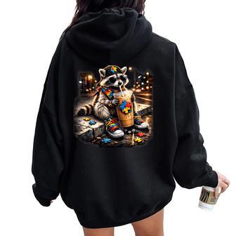 Raccoon Drinking Iced Coffee Autism Awareness Animal Meme Women Oversized Hoodie Back Print | Seseable UK
