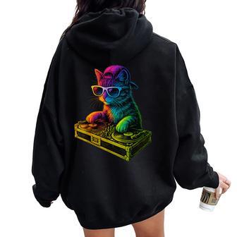 Rainbow Dj Cat Kitty House Music Turntable Women Oversized Hoodie Back Print | Mazezy