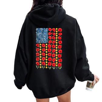Red Poppy Flower American Flag Memorial Day Poppies Women Oversized Hoodie Back Print | Mazezy