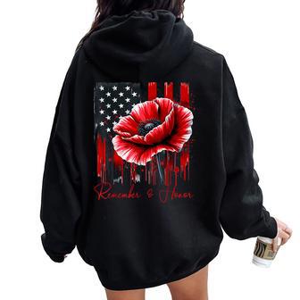 Red Poppy Flower Memorial Day Veterans Day American Flag Women Oversized Hoodie Back Print - Thegiftio UK