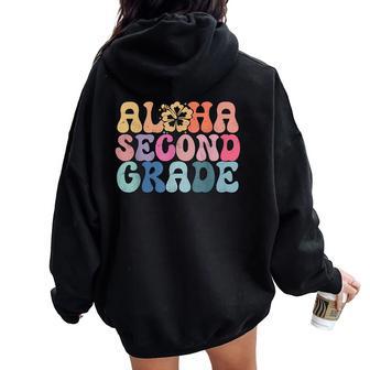 Retro Aloha Second Grade Teacher Life Summer Beach Vacation Women Oversized Hoodie Back Print - Thegiftio UK