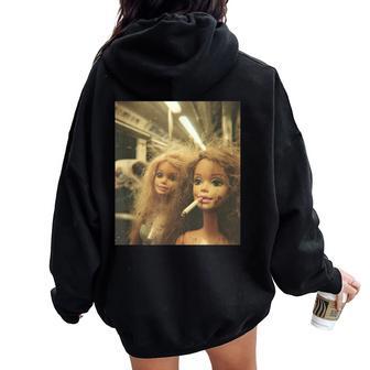 Retro Distressed Doll Smoking Meme Sarcastic Graphic Women Oversized Hoodie Back Print - Thegiftio UK