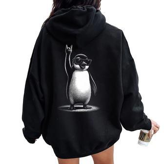 Retro Penguin Rock And Roll Kids Penguin Women Oversized Hoodie Back Print - Thegiftio UK
