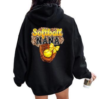 Softball Nana Leopard Mother's Day Bow Softball Lover Women Oversized Hoodie Back Print - Thegiftio UK