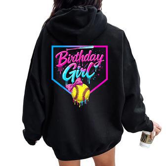 Softball Player Ice Cream Drip Coquette Bow Birthday Girl Women Oversized Hoodie Back Print | Mazezy