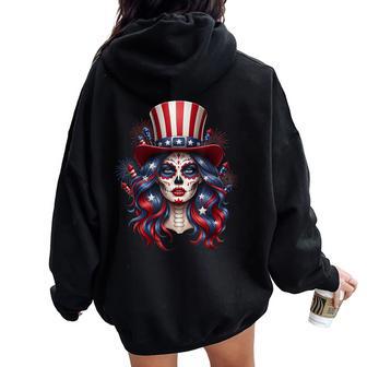 Sugar Skull 4Th Of July American Usa Flag Skeleton Women Women Oversized Hoodie Back Print - Thegiftio UK
