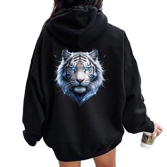 Tigre Blanco Ojos Azules Cuello Women Oversized Hoodie Back Print - Regaloses
