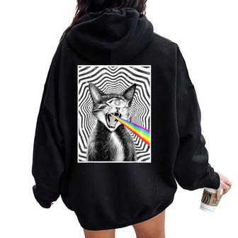 Trippy Cat Spiral Hypnotic Rainbow Black White Vortex Retro Women Oversized Hoodie Back Print - Thegiftio UK