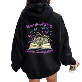 Unearth A Story Summer Reading 2026 Flower Butterfly Book Women Oversized Hoodie Back Print - Thegiftio UK