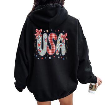 Usa Coquette Bow Floral Patriotic Patchwork Independence Day Women Oversized Hoodie Back Print - Thegiftio UK