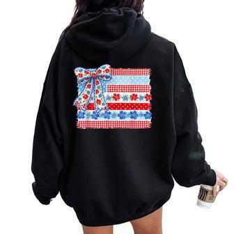 Usa Flag Floral 4Th Of July Coquette Bow Girl Women Women Oversized Hoodie Back Print - Thegiftio UK