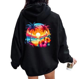 Vintage Hibiscus Flower Beach Summer Aloha Hawaiian Vacation Women Oversized Hoodie Back Print - Thegiftio UK