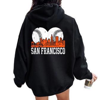 Vintage San Francisco Skyline Baseball Present Women Women Oversized Hoodie Back Print - Thegiftio