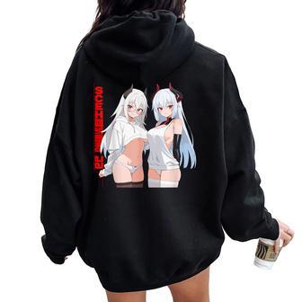 Waifu セクシー アニメ 女の子 メガネ 角 和風 レディース オーバーサイズ パーカー バックプリント - Kawaiitshirt