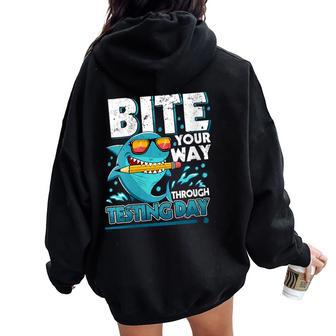 Women's Testing Day Teacher Shark Test Day Teacher Women Oversized Hoodie Back Print - Thegiftio UK