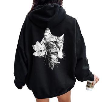 マグノリアの花と美しい猫 レディース オーバーサイズ パーカー バックプリント - Kawaiitshirt