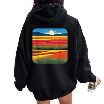 夏をテーマにしたカラフルな花畑 レディース オーバーサイズ パーカー バックプリント - Kawaiitshirt