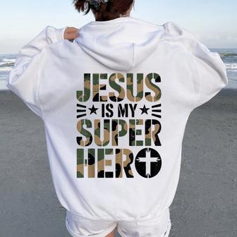 Camo Jesus Is Superhero Christian Faith N Boys Camouflage Women Oversized Hoodie Back Print - Thegiftio UK
