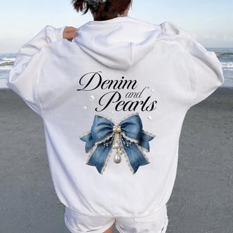 Denim And Pearls Coquette Bow Ladies Women Oversized Hoodie Back Print - Thegiftio UK