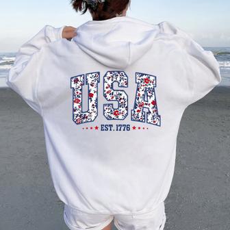 Distressed Floral Usa Est1776 Coquette Patriotic 4Th July Women Oversized Hoodie Back Print - Thegiftio UK