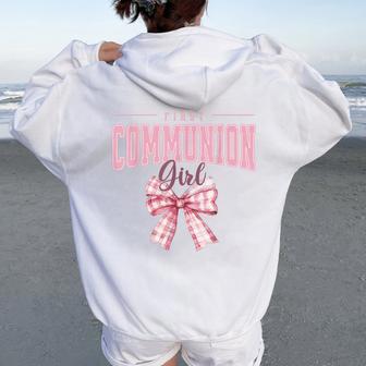 First Communion Girl Pink Coquette Bow Christian Cute Women Oversized Hoodie Back Print - Thegiftio UK