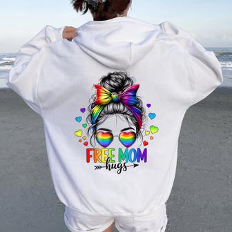 Free Mom Hugs Lgbt Flag Messy Bun Trans Gay Pride Rainbow Women Oversized Hoodie Back Print - Thegiftio UK