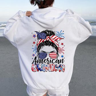Grandma 4Th Of July American Flag Patriotic Messy Bun Women Oversized Hoodie Back Print - Thegiftio UK