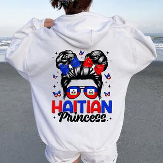 Haitian Princess Messy Bun Haitian Flag Day Girl Women Oversized Hoodie Back Print - Thegiftio