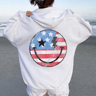 Happy 4Th Of July Groovy Smile Face Red White Blue Usa Flag Women Oversized Hoodie Back Print - Thegiftio UK